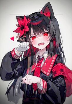 1girl animal_ears armband black_hair black_jacket blush cat_ears collared_shirt colored_inner_hair disgust fangs flower gloves hair_flower hair_ornament heart highres jacket long_hair long_sleeves looking_at_viewer mahou_shoujo_no_majo_saiban multicolored_hair necktie nikaido_hiro open_mouth paw_pose red_armband red_eyes red_flower red_hair red_necktie sailor_collar shirt single_glove solo teeth upper_body upper_teeth_only white_gloves white_shirt zv64exhcr773431_(ai)