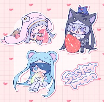 black_dress blue_eyes blue_hair character_name chibi chibi_only closed_eyes commentary_request cross-shaped_pupils digimon digimon_(creature) dress food fruit full_body grey_hair group_picture hair_over_one_eye highres nagoshi nun pink_background sistermon_blanc sistermon_ciel sistermon_noir strawberry symbol-shaped_pupils white_dress