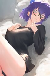 Rule 34 | 1girl, a-chan (hololive), bed sheet, black-framed eyewear, black panties, black shirt, blue eyes, blue hair, blush, closed mouth, cohi27151463, corrupted twitter file, half updo, hands on own chest, hashtag-only commentary, highres, hololive, long sleeves, looking at viewer, no pants, on bed, panties, red lips, shirt, short hair, solo, thighs, underwear, virtual youtuber