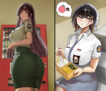 2girls absurdres ass black_hair blonde_streaks brown_hair can collared_shirt commentary commission drink drink_can english_commentary febri_aryani_(vloodozer) felicia_castro food green_shirt green_skirt grey_necktie grey_skirt highres holding holding_bento holding_can holding_drink holding_spoon imagining indonesian_flag indonesian_high_school_uniform long_hair military_dress_uniform military_uniform multiple_girls necktie omelet original pencil_skirt rice school_uniform shirt short_hair short_sleeves sitting skirt speech_bubble spoon stairs standing tamagoyaki tatakau_ni_atai_suru thought_bubble vegetable vending_machine very_long_hair vloodozer white_shirt