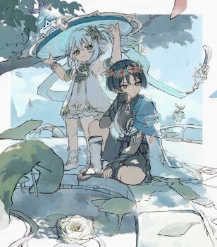 1boy 1girl alternate_headwear animal_print anklet arabalika_(genshin_impact) aranara_(genshin_impact) ararycan_(genshin_impact) armlet armor armpits belt between_legs bird_print black_belt black_bodysuit black_bow black_hair black_sandals black_shorts bloomers blue_cape blue_eyes blue_flower blue_gem blue_hat blue_kimono blue_sky blue_sleeves blunt_ends bodysuit borrowed_clothes bow bracelet bridal_gauntlets bright_pupils cane cape choppy_bangs clenched_hand closed_mouth cloud cloudy_sky colored_tips commentary_request covered_collarbone creature_on_head cross-shaped_pupils detached_sleeves dress eyeliner falling_leaves flower flower_wreath full_body furisode gem genshin_impact gold gold_trim green_eyes green_hair green_sleeves grey_bridal_gauntlets hakama hakama_shorts hand_between_legs hand_on_own_face hands_up hat highres issnnkw japanese_armor japanese_clothes jewelry jingasa juban kimono knee_up kote kurokote layered_sleeves leaf leg_warmers lily_(flower) lily_pad long_hair looking_at_another looking_to_the_side makeup multicolored_hair nahida_(genshin_impact) open_clothes open_kimono outdoors plant pleated_shorts pointy_ears purple_rope purple_sash railing red_eyeliner red_flower rope sandals sash scaramouche_(genshin_impact) short_sleeves shorts side_ponytail sidelocks sitting sketch sky smile socks standing stirrup_footwear stirrup_legwear sumeru_city symbol-shaped_pupils tassel toeless_legwear toenails toes tree tree_shade underwear vision_(genshin_impact) wanderer_(genshin_impact) white_bloomers white_dress white_flower white_hair white_kimono white_leg_warmers white_pupils white_sleeves white_socks white_trim zouri