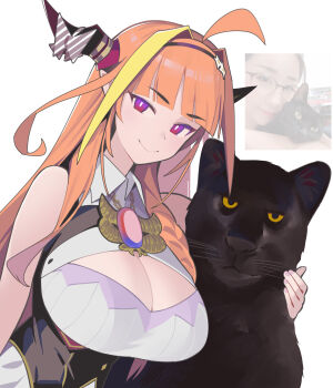 1girl ahoge black_hair black_panther blonde_hair blue_hair bow breasts brooch cleavage cleavage_cutout clothing_cutout diagonal-striped_bow dismassd dragon_girl dragon_horns glasses gradient_hair hairband highres holding hololive horn_bow horn_ornament horns jewelry kiryu_coco kiryu_coco_(1st_costume) kson kson_(person) large_breasts long_hair looking_at_viewer multicolored_hair orange_hair panther photo-referenced pointy_ears red_eyes shirt smile streaked_hair striped_bow tail virtual_youtuber voice_actor_connection white_background