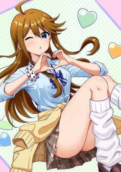 1girl absurdres ahoge ass blue_bow blue_bowtie blue_eyes blue_shirt blush bow bowtie breasts brown_cardigan brown_hair brown_shoes cardigan cardigan_around_waist clothes_around_waist collared_shirt commentary_request heart heart_hands highres idolmaster idolmaster_million_live! idolmaster_million_live!_theater_days large_breasts leg_warmers loafers long_hair long_sidelocks looking_at_viewer mimiu_p parted_lips shirt shoes short_sleeves sidelocks solo tokoro_megumi very_long_sidelocks white_leg_warmers