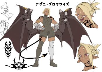 arm_tattoo asymmetrical_bangs asymmetrical_footwear bandaged_arm bandages blonde_hair braid breasts character_request commentary_request copyright_request dark-skinned_female dark_skin dragon_wings eyeliner half_up_half_down_braid highres hyocorou makeup medium_breasts muscular muscular_female pointy_ears red_eyeliner red_eyes reference_sheet short_jumpsuit tattoo vambraces wings