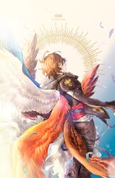 Rule 34 | ahoge, armor, belt, blue belt, blue feathers, blue wings, brown hair, brown wings, cape, commentary request, cropped legs, english text, expressionless, falling feathers, feathered wings, feathers, floating, floating cape, floating hair, from behind, gloves, granblue fantasy, hair between eyes, highres, hood, hood down, light particles, light rays, looking back, masakane, messy hair, multiple wings, patterned background, profile, red wings, sandalphon (granblue fantasy), short hair, shoulder armor, white cape, white feathers, white wings, wings