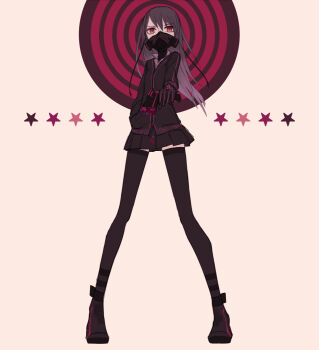 1girl aiming aiming_at_viewer black_cardigan black_hair black_skirt black_thighhighs cardigan censored full_body gas_mask gradient_hair gun holding holding_gun holding_weapon legs_apart long_hair long_sleeves looking_at_viewer mask miniskirt mosaic_censoring multicolored_hair original pleated_skirt red_eyes skirt solo standing star_(symbol) thighhighs weapon yukitake_(bullfalk) zettai_ryouiki