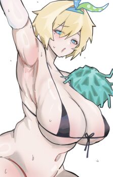 1girl alternate_costume arm_up armpits bikini black_bikini blonde_hair blue_eyes blush breasts cheerleader girls&#039;_frontline girls&#039;_frontline_2:_exilium highres holding large_breasts looking_at_viewer mole mole_under_eye navel nikketa_(girls&#039;_frontline_2) pom_pom_(cheerleading) short_hair simple_background solo stomach swimsuit underboob vsk-94_(dance_like_the_blazing_sun)_(girls&#039;_frontline) vsk-94_(girls&#039;_frontline) white_background yby914234