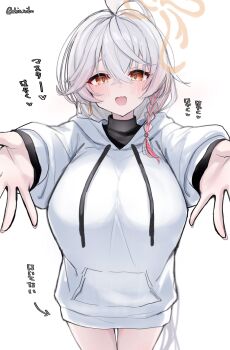 1girl :d alternate_costume black_shirt blue_archive blush braid breasts commentary cowboy_shot eri_(blue_archive) grey_hair halo highres hood hood_down hoodie incoming_hug large_breasts long_hair looking_at_viewer nibo_shia open_mouth orange_eyes reaching reaching_towards_viewer shirt side_braid simple_background smile solo thighs translation_request twitter_username very_long_hair white_background white_hoodie yellow_halo