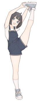 1girl 1ssakawaguchi absurdres ahoge arms_up blue_overalls blush bob_cut brown_hair full_body grey_eyes grey_shoes highres ichika_(1ssakawaguchi) looking_at_viewer open_mouth original overall_shorts overalls shirt shoes short_hair short_sleeves shorts simple_background smile socks solo split standing standing_on_one_leg standing_split stretching thighs white_background white_shirt white_socks