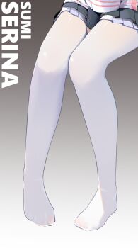 1girl between_legs black_skirt blue_archive character_name chinese_commentary commentary_request frilled_skirt frills hand_between_legs highres legs lower_body miniskirt no_shoes painterliuhao pantyhose pleated_skirt serina_(blue_archive) sitting skirt solo white_pantyhose