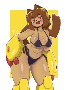 1girl animal_ears bikini black_bikini breasts brown_hair cat_ears cat_girl cat_tail cleavage colored_sclera commentary dark-skinned_female dark_skin english_commentary eyewear_on_head fang furry furry_female gameoverse highres kit_bodega large_breasts looking_at_viewer mystery_girl2077 navel open_mouth red_eyes short_hair solo swimsuit tail whiskers yellow_background yellow_gauntlets yellow_sclera