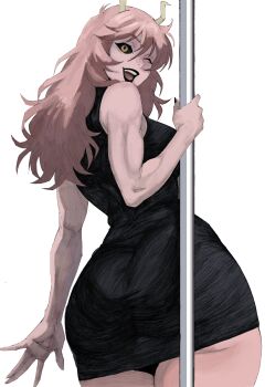 absurdres antennae ashido_mina ass black_dress black_lips boku_no_hero_academia colored_skin commentary curvy dress hex_mamaso highres holding holding_pole huge_ass long_hair looking_back muscular muscular_female one_eye_closed open_mouth pink_hair pink_skin pole thighs white_background