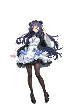 1girl absurdres black-framed_eyewear black_nails black_pantyhose black_shoes black_shrug block_heels blue_bow blue_hair bow braid breasts bun_cover closers collared_shrug crop_top double_bun eunha_(closers) floating_hair full_body glasses green_eyes hair_bow hair_bun hand_up high-waist_skirt highres layered_skirt legs_apart long_hair looking_at_viewer mandarin_collar mary_janes medium_breasts midriff_peek miniskirt multicolored_nails official_art pantyhose parted_lips round_eyewear shirt shoes shrug_(clothing) side_braid skirt skirt_bow solo standing tachi-e teardrop-framed_glasses white_background white_nails white_shirt wide_sleeves