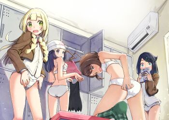 4girls absurdres air_conditioner black_hair blonde_hair bra brown_hair dawn_(pokemon) gloria_(pokemon) highres liko_(pokemon) lillie_(pokemon) multiple_girls negimiso1989 nintendo panties pokemon pokemon_(anime) pokemon_dppt pokemon_horizons pokemon_sm pokemon_swsh underwear white_bra white_panties