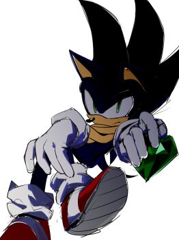 animal_ears animal_nose blue_fur chaos_emerald chaosrice closed_mouth dark_sonic furry furry_male gem gloves green_gemstone hedgehog hedgehog_boy highres holding holding_gem looking_at_viewer multicolored_shoes red_shoes shoes simple_background socks solo sonic_(series) sonic_the_hedgehog tail two-tone_shoes white_gloves white_shoes white_socks