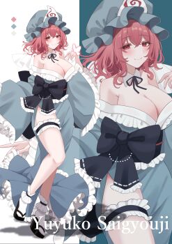 1girl absurdres bare_shoulders black_sandals blue_bow blue_hat blue_kimono blue_ribbon blue_sash bow breasts bug butterfly character_name cleavage closed_mouth color_guide commentary detached_collar frilled_sleeves frilled_thigh_strap frills full_body hair_between_eyes hat highres insect japanese_clothes kimono large_breasts long_sleeves looking_at_viewer maka_(user_rryf2748) medium_hair mob_cap multiple_views neck_ribbon obi okobo pink_eyes pink_hair platform_sandals ribbon saigyouji_yuyuko sandals sash smile socks standing standing_on_one_leg thigh_strap touhou triangular_headpiece white_socks wide_sleeves