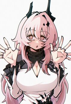 1girl :o arknights breasts bright_pupils cleavage cleavage_cutout clothing_cutout curious dress dryegen hair_between_eyes highres horns jewelry large_breasts long_hair long_sleeves looking_at_viewer messy multiple_rings open_mouth pink_eyes pink_hair ring_on_every_finger solo surprised theresa_(arknights) upper_body white_background white_dress white_pupils