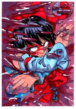 1girl ambiguous_red_liquid arm_up between_fingers black_eyes black_hair border bow clothing_cutout detached_sleeves hair_bow hakama hakama_pants hakurei_reimu hand_up hip_vent holding inuyama_konan japanese_clothes medium_hair ofuda ofuda_between_fingers orb pants parted_lips red_bow red_hakama red_shirt sandals shirt sideways_glance solo tabi touhou waist_bow white_border yin_yang yin_yang_orb zouri