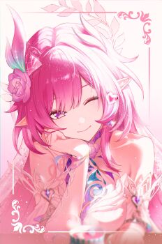 Rule 34 | 1girl, ;), absurdres, bare shoulders, breasts, commentary, cyrene (honkai: star rail), cyrene (ripples of past reverie) (honkai: star rail), diamond-shaped pupils, diamond (shape), dress, flower, hair flower, hair ornament, halo, heart, highres, honkai: star rail, honkai (series), isobe47, large breasts, long hair, looking at viewer, one eye closed, pink hair, pointy ears, purple eyes, smile, solo, symbol-shaped pupils, upper body, very long hair, white dress