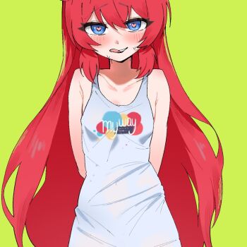 Rule 34 | 1girl, arms behind head, blue archive, blue eyes, blush, clothes writing, commentary request, green background, heart, heart-shaped pupils, jjigong chigon, licking lips, long hair, looking at viewer, maki (blue archive), maki (pajamas) (blue archive), official alternate costume, official alternate hairstyle, red hair, sidelocks, simple background, solo, sweat, symbol-shaped pupils, tank top, tongue, tongue out, upper body, white tank top