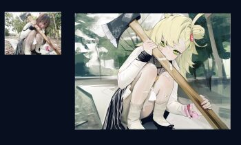 1girl absurdres axe bandaid bandaid_on_leg black_background black_shoes black_skirt blonde_hair bracelet green_eyes hair_ornament hairpin highres holding holding_axe holding_weapon jewelry looking_at_viewer multiple_bracelets necklace ohoo_7am open_clothes pantyhose pearl_necklace photo-referenced photo_inset piper_wheel reference_inset shirt shoes skirt socks solo squatting striped_clothes striped_skirt teeth tree upper_teeth_only weapon white_pantyhose white_shirt white_socks zenless_zone_zero