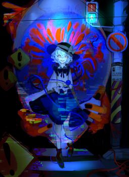 1girl absurdres black_hat boots bow commentary_request eyeball full_body glitch green_eyes green_hair green_skirt hat hat_bow highres komeiji_koishi long_sleeves looking_at_viewer mashi_(pixiv_zcjd2538) open_mouth road_sign shirt sign skirt smile solo teeth third_eye touhou wide_sleeves yellow_bow yellow_shirt