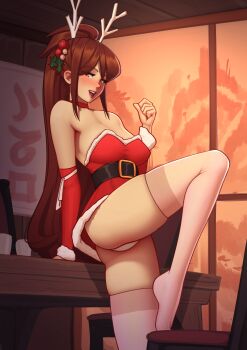 1girl absurdres animal_ears arm_support arm_up arms_behind_back ass belt blush breasts brown_eyes brown_hair chair choker cleavage desk detached_sleeves dress eyelashes fake_animal_ears fake_antlers fur_trim hair_between_eyes hair_ornament highres large_breasts leg_up legs lips lipstick long_bangs long_hair looking_at_viewer looking_to_the_side makeup mistletoe mistletoe_hair_ornament nintendo oichi_(pokemon_conquest) oichi_(sengoku_musou) open_mouth panties pantyshot parted_bangs pink_thighhighs pokemon pokemon_conquest ponytail red_dress roncostar santa_costume santa_dress scroll sengoku_musou smile solo standing standing_on_one_leg teeth thick_thighs thighhighs thighs underwear upper_teeth_only upskirt very_long_hair white_panties