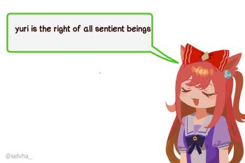 Rule 34 | 1girl, absurdres, agnes digital (umamusume), animal ears, blush, bow, bowtie, closed eyes, cowboy shot, english text, hair bow, hashtag-only commentary, highres, horse ears, horse girl, long hair, open mouth, pink hair, puffy short sleeves, puffy sleeves, purple bow, purple bowtie, purple shirt, red bow, sailor collar, sailor shirt, school uniform, selvha, shirt, short sleeves, simple background, smile, solo, speech bubble, tracen school uniform, umamusume, upper body, white background, white sailor collar