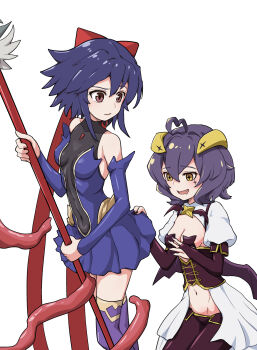 Rule 34 | 2girls, ahoge, bat wings, blue hair, breasts, brown eyes, clothes lift, corset, covered navel, crossover, drooling, fangs, female pervert, forward-facing horns, heart, heart ahoge, highres, hiiragi utena, holding, holding staff, horns, kagano ai, looking at another, looking at ass, low wings, magia baiser, mahou shoujo ai, mahou shoujo ni akogarete, medium breasts, medium hair, multiple girls, nail polish, navel, open mouth, pasties, pervert, simple background, skirt, skirt lift, smile, staff, star-shaped pupils, star (symbol), star pasties, suzunari sakuya, symbol-shaped pupils, tentacles, thighhighs, white background, wings, yellow eyes, yuri