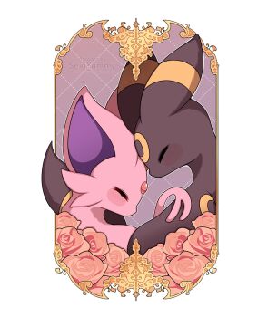 Rule 34 | absurdres, animal focus, black fur, blush, closed eyes, closed mouth, espeon, flower, forehead-to-forehead, forehead jewel, forked tail, gem, gen 2 pokemon, heads together, highres, nintendo, no humans, pokemon, pokemon (creature), pokemon focus, purple fur, red gem, sevi (seviyummy), tail, umbreon