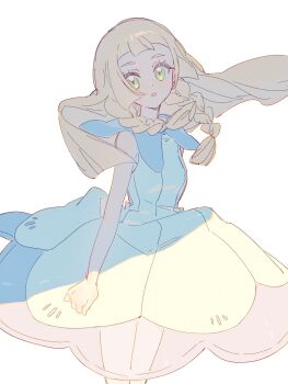 1girl blonde_hair blunt_bangs blush braid breasts collared_dress dress fua1heyvot4ifsr green_eyes highres lillie_(pokemon) long_hair looking_at_viewer nintendo open_mouth pokemon pokemon_sm simple_background sleeveless sleeveless_dress solo sundress twin_braids white_background white_dress