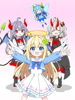 Rule 34 | 4girls, :d, ^ ^, ahoge, angel, angel wings, bare shoulders, black boots, black bow, black coat, black sailor collar, black shirt, black skirt, blonde hair, blue boots, blue bow, blue bowtie, blue dress, blue eyes, blue hair, blue shirt, blush, boots, bow, bowtie, closed eyes, coat, collarbone, collared shirt, commentary, crossed arms, demon girl, demon horns, demon tail, demon wings, dot nose, double-parted bangs, dress, fairy, fairy-san (kotatsu-mazoku), fairy wings, feathered wings, feet out of frame, frilled dress, frilled skirt, frills, gradient background, grey hair, hair bow, hair ornament, halo, highres, horns, kotatsu-mazoku, long hair, long sleeves, looking at viewer, multicolored hair, multiple girls, off shoulder, open clothes, open coat, open mouth, original, outline, outstretched arms, pantyhose, pink background, pleated skirt, pointy ears, purple hair, red bow, red bowtie, red eyes, red horns, red streaks, sailor collar, shirt, short hair, short sleeves, shoshinsha angel girl (kotatsu-mazoku), shoshinsha demon girl (kotatsu-mazoku), shoshinsha mark, shoshinsha oni girl (kotatsu-mazoku), sidelocks, skirt, sleeveless, sleeveless shirt, smile, socks, standing, star (symbol), star hair ornament, streaked hair, striped bow, tail, traditional halo, white dress, white outline, white pantyhose, white sailor collar, white shirt, white socks, white wings, wings, wrist cuffs