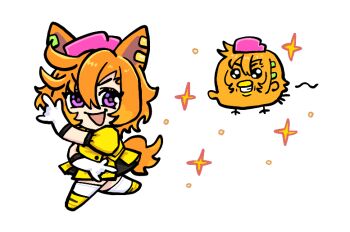 1girl \m/ animal_ear_piercing animal_ears animalization bird boots buttons chibi double_\m/ dress eyelashes gloves hair_between_eyes hat horse_ears horse_girl horse_tail long_hair_between_eyes looking_at_viewer medium_hair multiple_piercings multiple_views open_mouth orange_hair pikminpreggedup pink_hat pleated_dress puffy_short_sleeves puffy_sleeves purple_eyes short_dress short_sleeves simple_background smile sparkle standing t.m._opera_o_(umamusume) tail thighhighs umamusume v-shaped_eyebrows white_background white_gloves white_thighhighs yellow_boots yellow_dress