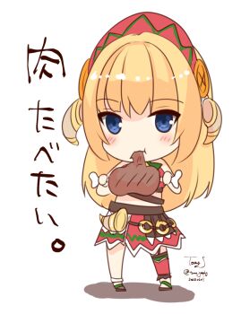 Rule 34 | 1girl, :t, blonde hair, blue eyes, boned meat, brown horns, brown sandals, chibi, chibi only, closed mouth, commentary request, dated, eating, food, full body, horns, long hair, looking at viewer, meat, ragnarok masters, ragnarok online, red skirt, sakuraji tomoka, sandals, signature, simple background, skirt, solo, standing, translation request, white background