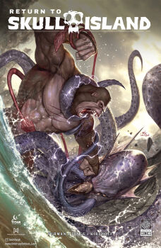 abs ape beak cliff cloud cloudy_sky comic_cover cover_art day electricity electrokinesis energy english_text extra_eyes fangs fins giant giant_monster gorilla highres in-hyuk_lee kaiju king_kong king_kong_(series) kraken_(king_kong) legendary_pictures monster monsterverse muscular_arms muscular_other no_humans no_pupils ocean octopus official_art open_mouth overcast partially_submerged pectorals promotional_art punching purple_electricity return_to_skull_island rock saliva saliva_trail scar scar_on_chest sea_monster sharp_teeth skull skull_island_(netflix) sky splashing squid storm_cloud suction_cups teeth tentacles water waves white_electricity yellow_eyes