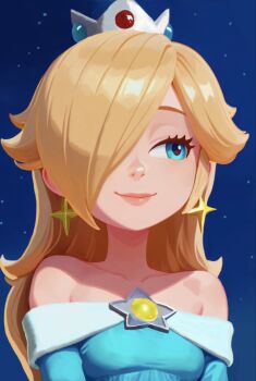 1girl bare_shoulders blonde_hair blue_eyes commentary crown deli_mage dress earrings english_commentary hair_over_one_eye highres jewelry long_hair mario_(series) night night_sky nintendo rosalina sky smile star_(sky) star_(symbol) star_earrings starry_sky super_mario_galaxy the_super_mario_bros._movie upper_body