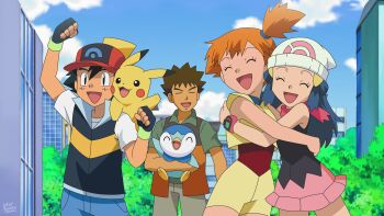 2boys 2girls ^_^ absurdres anime_coloring arm_up artist_name ash_ketchum baseball_cap beanie black_gloves black_hair black_shirt black_vest blue_hair blue_pants blue_sky brock_(pokemon) brown_hair brown_pants building clenched_hands closed_eyes cloud collared_shirt commentary_request cropped_jacket dark-skinned_male dark_skin dawn_(pokemon) day denim eyelashes fingerless_gloves gen_1_pokemon gen_4_pokemon gloves green_shirt hair_ornament hairclip hat highres holding holding_pokemon hug in-franchise_crossover jacket jeans long_hair lukas_thadeu misty_(pokemon) multiple_boys multiple_girls nintendo official_style on_shoulder open_clothes open_mouth open_vest orange_hair orange_vest outdoors pants parody pikachu pink_scarf pink_skirt piplup pokemon pokemon_(anime) pokemon_(creature) pokemon_dppt_(anime) pokemon_on_shoulder pokemon_rse_(anime) poketch red_hat red_shirt scarf shirt short_hair shorts side_ponytail skirt sky sleeveless sleeveless_jacket sleeveless_shirt smile spiked_hair style_parody tree vest watch white_hat white_shirt wristwatch yellow_jacket yellow_shorts