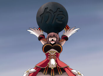 1girl absurdres animal_ears armpits breasts brown_hair commentary_request detached_sleeves dragon_ball dragonball_z dress from_behind gentildonna_(regina_dei_fiori)_(umamusume) gentildonna_(umamusume) grey_sky highres holding horse_ears horse_girl kamishima_kanon large_breasts long_hair open_mouth parody pun red_dress red_sleeves scene_reference sky solo umamusume wide_hips