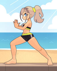 Rule 34 | 1girl, ape yacht kookies, barefoot, beach, black shorts, black sports bra, blue eyes, blush, breasts, cloud, grey hair, large breasts, liliana canistrelli, long hair, looking at viewer, louis lloyd-judson, navel, ocean, own hands together, ponytail, sand, shorts, sky, sports bra, standing, stretching, tan, water