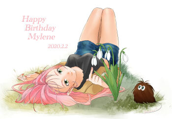 1girl absurdres birthday black_skirt blue_shorts breasts character_name closed_mouth commentary_request dated flower grass green_eyes guvava happy_birthday highres knees_up long_hair long_sleeves lying macross macross_7 medium_breasts min_(motchore01) mylene_jenius on_back open_clothes pink_hair pink_nails shorts simple_background skirt smile white_background white_flower