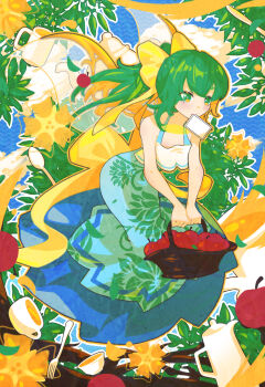 Rule 34 | 1girl, alternate costume, apple, apron, bare shoulders, basket, blue dress, blue sky, bow, bread, bread slice, breasts, cloud, commentary request, cup, daiyousei, dress, fairy wings, floral print, flower, food, fork, fruit, full body, fylinchi5945, green eyes, green hair, hair bow, highres, holding, leaf, leaning forward, long hair, mouth hold, ponytail, side ponytail, sky, sleeveless, sleeveless dress, solo, spoon, teacup, teapot, toast, touhou, wings, yellow bow, yellow flower