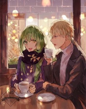 1boy 1other artist_name blonde_hair coffee coffee_mug commentary_request cup enkidu_(fate) fate/grand_order fate_(series) gilgamesh_(fate) green_hair highres kuraju12000 long_hair mug signature sweater table twitter_username watermark