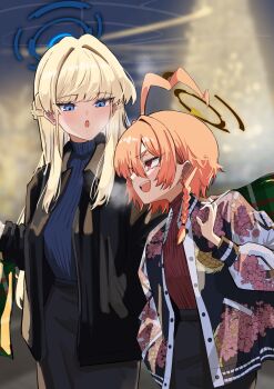 2girls ahoge alternate_costume bag_over_shoulder black_jacket black_skirt blonde_hair blue_archive blue_eyes blue_sweater blunt_bangs braid crown_braid earrings floral_print floral_print_jacket hair_between_eyes hair_tie halo huge_ahoge jacket jewelry kamiyamatokino long_hair multiple_girls neru_(blue_archive) open_mouth orange_hair outdoors red_sweater ribbed_sweater short_hair side_braid sidelocks skirt standing sukajan sweater talking toki_(blue_archive) walking