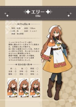 1girl :o absurdres ahoge arm_at_side asymmetrical_sleeves bare_shoulders belt beret big_hair black_dress black_pantyhose boots brown_belt brown_boots brown_hair character_name character_profile closed_eyes closed_mouth collared_dress commentary_request double-parted_bangs dress ellie_(pekaso1118n) flat_chest fluffy_hair frown full_body green_eyes grin hair_between_eyes hand_on_own_chest hat highres long_hair mismatched_sleeves multiple_expressions nervous off_shoulder open_mouth orange_dress original pantyhose pekaso1118n reference_sheet sidelocks smile standing standing_on_one_leg translation_request white_dress white_hat wide_sleeves
