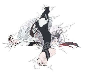absurdres armpit_cutout black_nails clothing_cutout commentary feet highres loongm pointy_ears split stirrup_legwear toeless_legwear white_hair