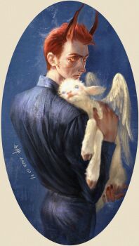 1boy absurdres baby_animal black_shirt black_suit commentary_request crowley_(good_omens) demon_boy formal_clothes glasses good_omens highres lamb male_focus red_hair sheep shirt slit_pupils snake solo suit xiongshirinka yellow_eyes