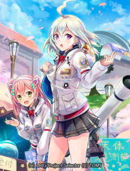 2girls ahoge black_skirt blue_sky cloud copyright_notice green_eyes hajimari_no_lrig hokuyuu holding holding_paper hood hoodie lamppost long_hair medium_hair multiple_girls official_art open_mouth outdoors paper pink_hair purple_eyes skirt sky white_hair white_hoodie wixoss