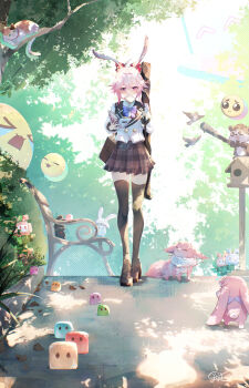 1girl absurdres alternate_costume animal_ears black_thighhighs blue_bow blue_bowtie bow bowtie bread bread_slice cat elphe evanescia_(honkai:_star_rail) food fox_ears fox_girl hair_between_eyes highres honkai:_star_rail honkai_(series) outdoors pink_hair pleated_skirt purple_eyes school_uniform short_hair_with_long_locks skirt solo thighhighs tree