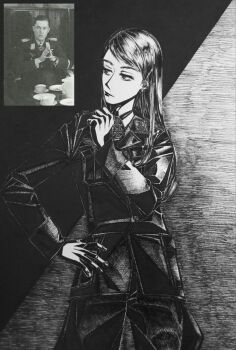 1boy 1girl black_jacket black_pants bordfunker133 cross dress dress_shirt earrings fingernails genderswap genderswap_(mtf) greyscale heinrich_prinz_zu_sayn-wittgenstein-sayn highres iron_cross jacket jewelry leather leather_jacket long_hair long_sleeves looking_at_viewer looking_to_the_side monochrome narrowed_eyes nazi pants photo_(medium) real_life shirt solo straight_hair thinking wittgenstein-chan_(bordfunker133)