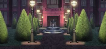 balcony bush door flower fountain game_cg garden lamppost mansion night no_humans non-web_source official_art open_mouth path red_flower road scarlet_devil_mansion scenery topiary touhou touhou_gensou_eclipse tree window